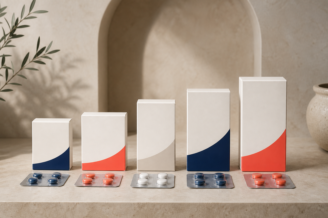 Unlabeled pharmacy cartons and blister packs arranged to compare medicine label strengths