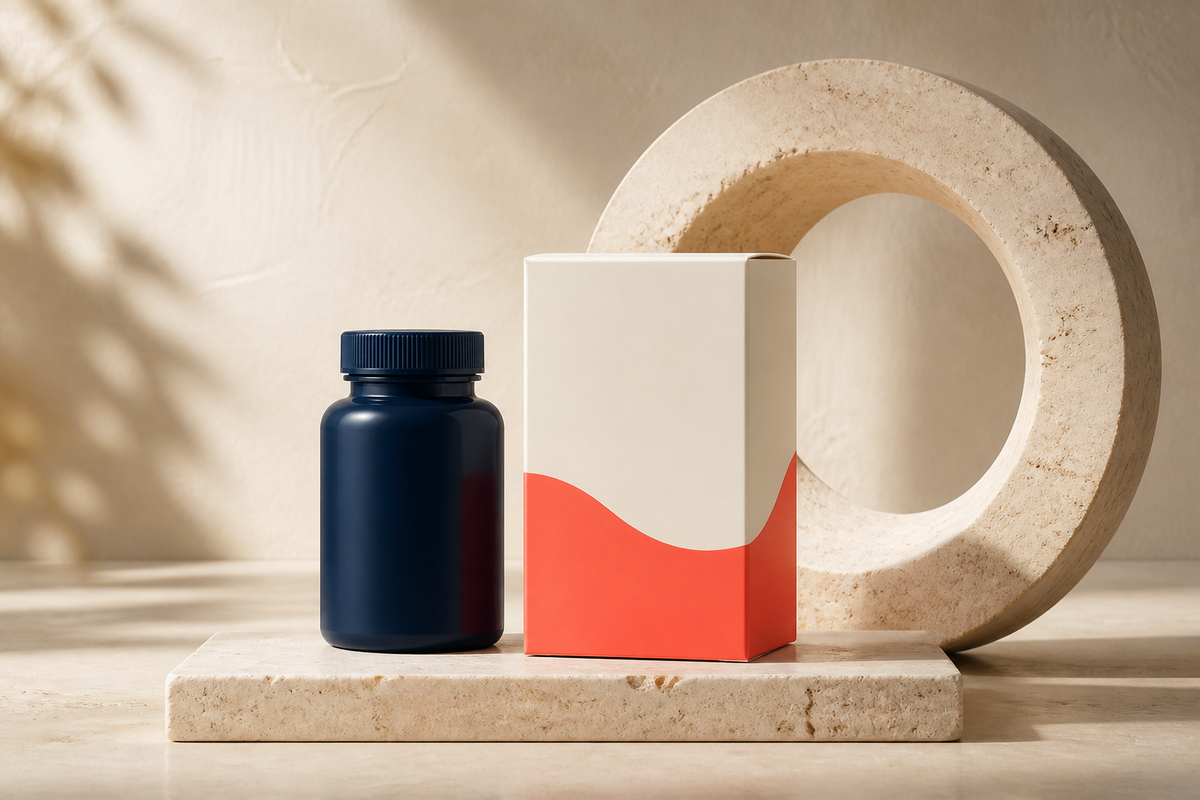 Minimal navy bottle and coral carton beside a circular stone form
