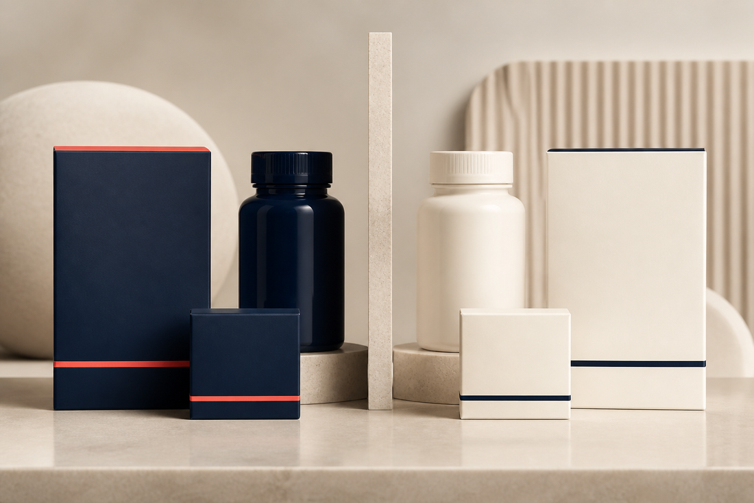 Two contrasting unlabeled pharmacy packaging systems separated for comparison