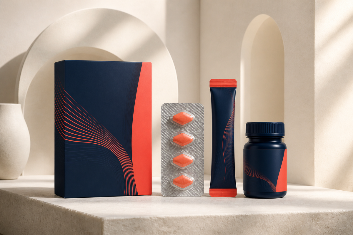 Four unlabeled navy and coral medicine formats arranged as a coherent product range