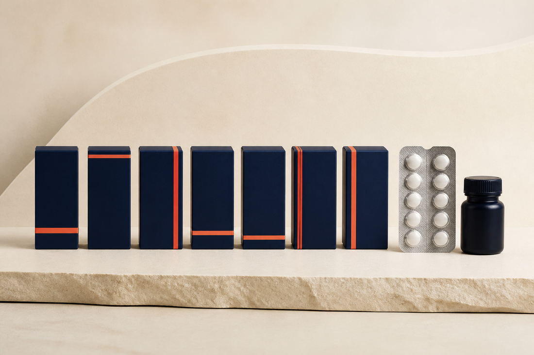 Seven unlabeled navy cartons with coral accents, a blister pack and a bottle