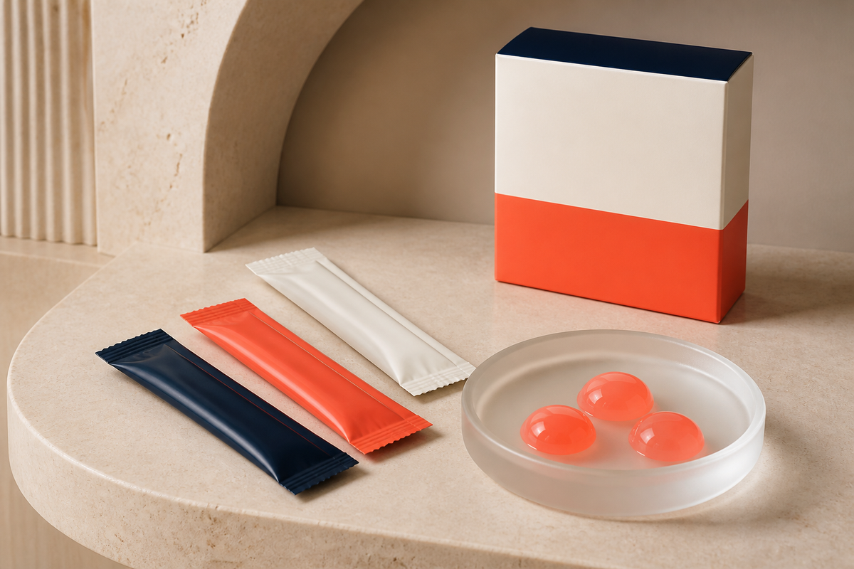 Three single-dose sachets and coral gel drops beside minimal packaging