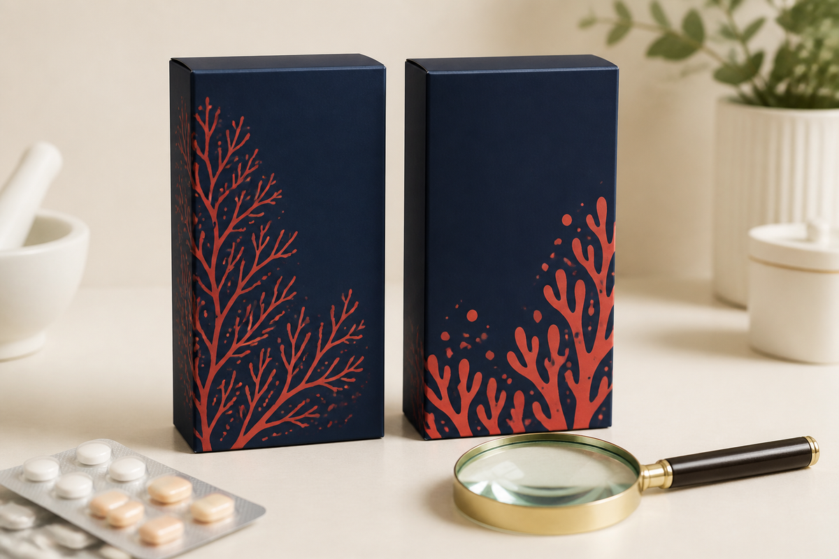 Two similar navy medicine cartons with different coral patterns and a magnifying glass