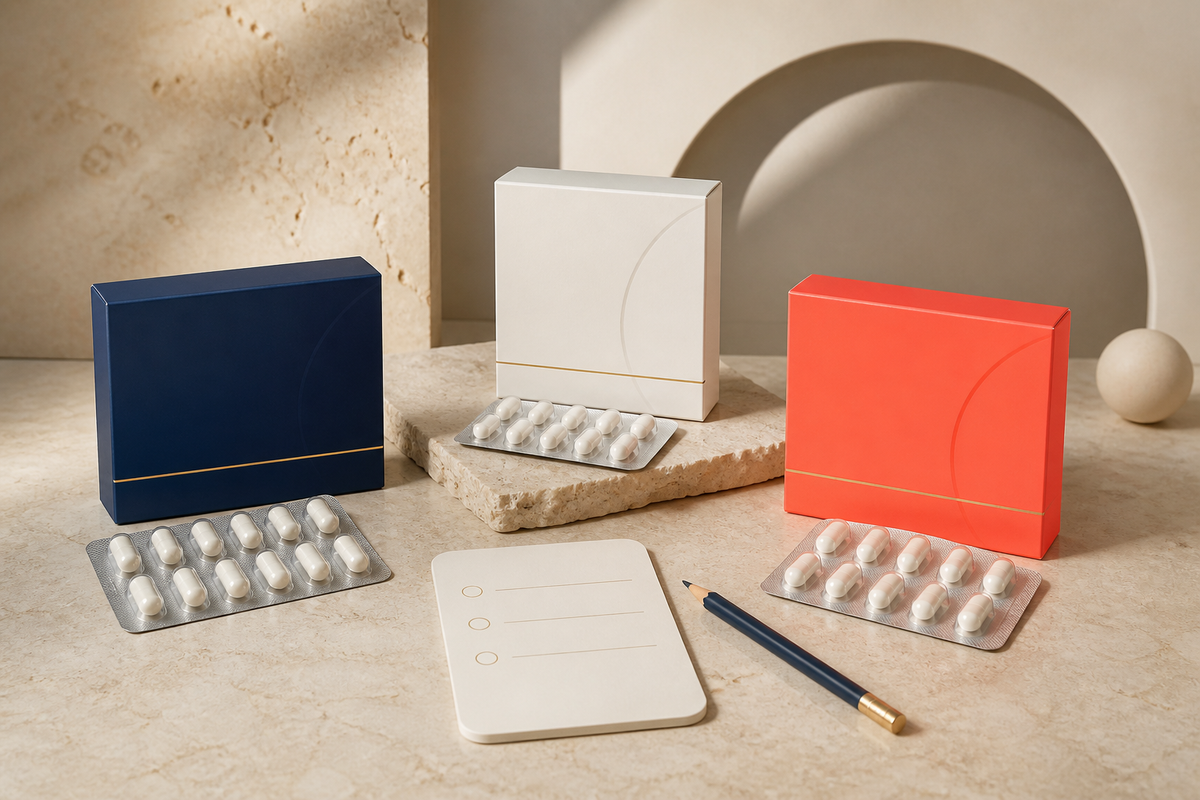 Three unlabeled medicine cartons with blister packs, a blank checklist and pencil