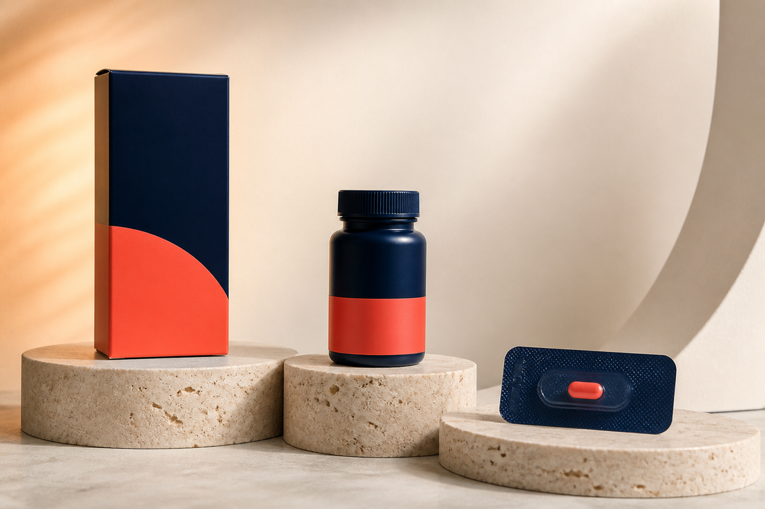 A carton, bottle and sealed dose strip displayed on staggered stone plinths