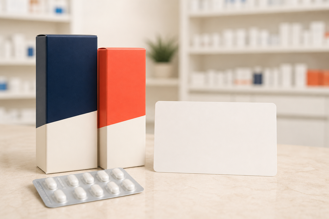 Two pharmacy cartons, blister pack and blank consultation card on a counter