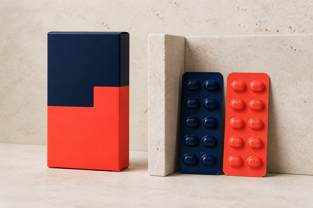 Two contrasting blister strips beside an interlocking navy and coral carton