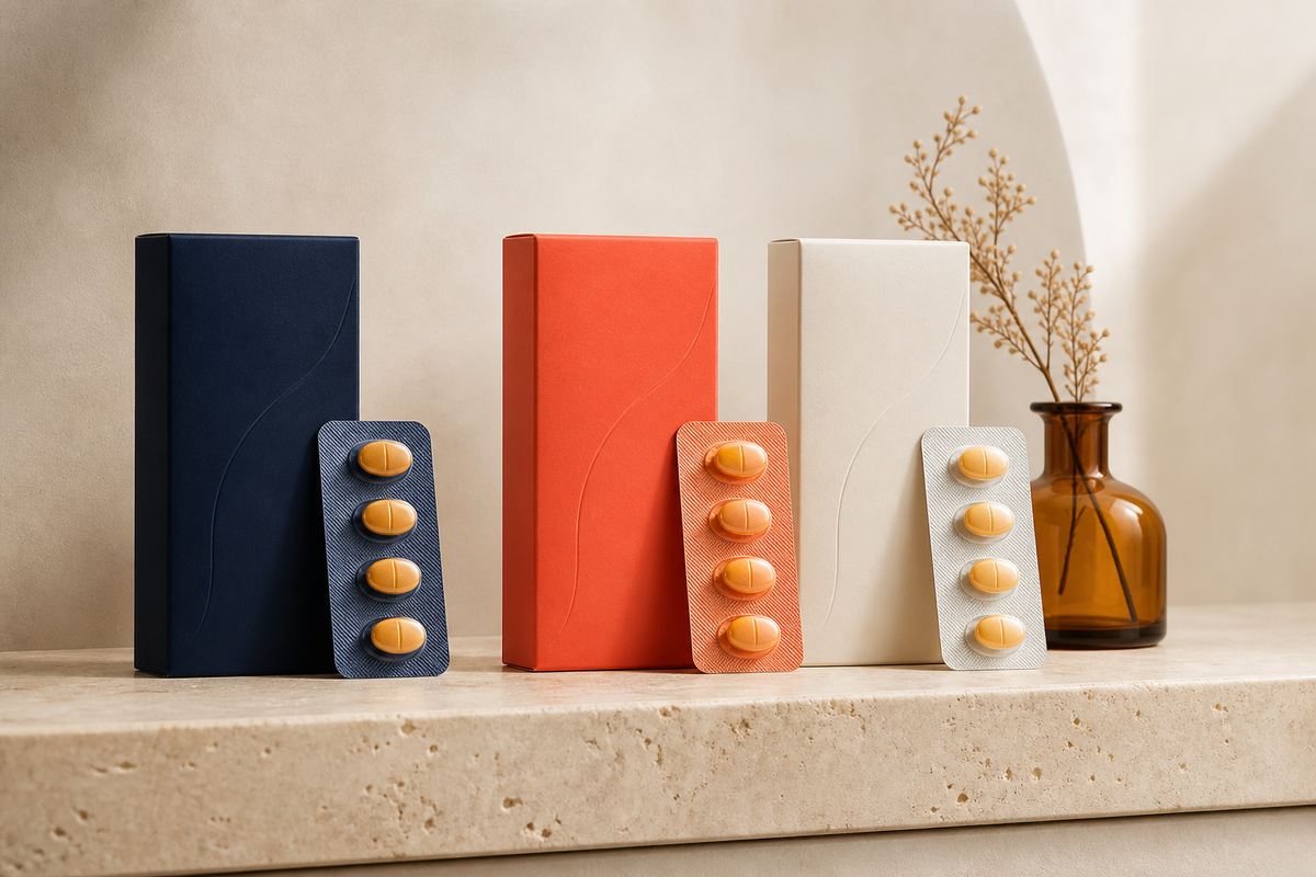 Three unlabeled medicine cartons with blister packs and an amber glass accent