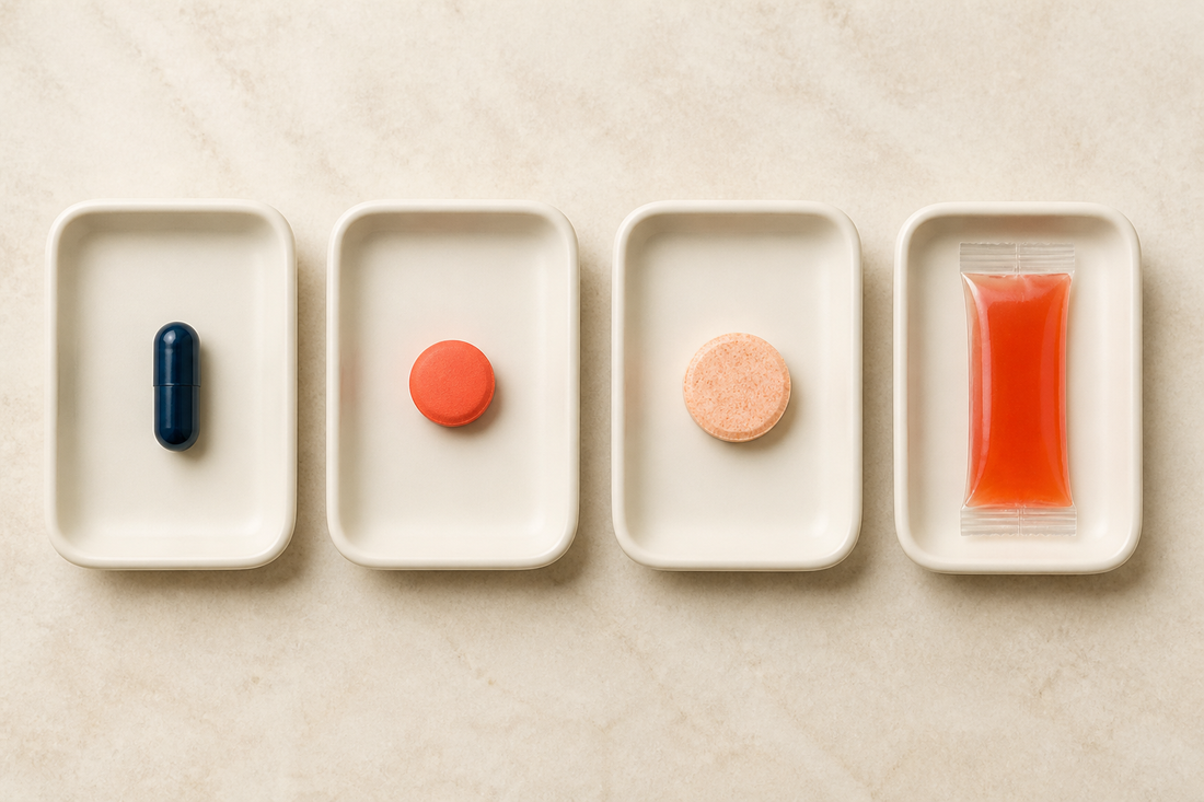 Capsule, tablet, chewable and jelly sachet presented on four separate trays