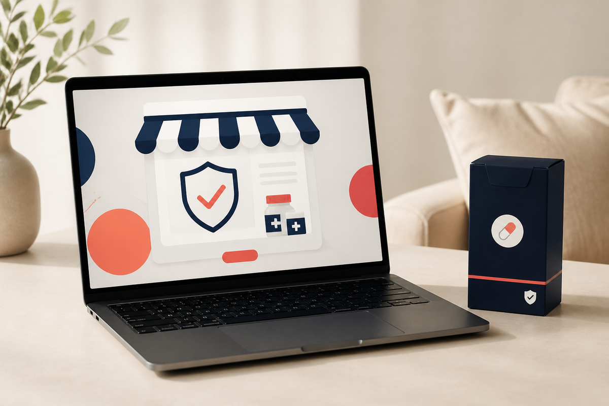 Laptop with an abstract secure online pharmacy interface beside an unlabeled carton