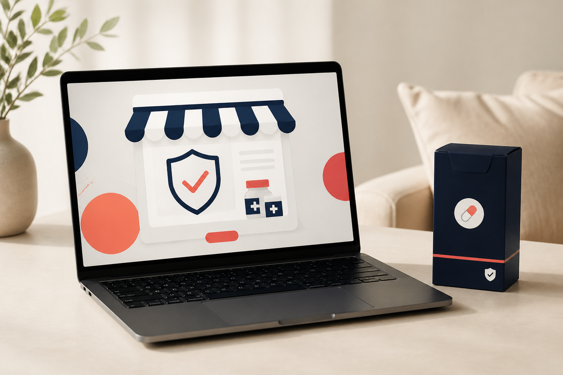 Laptop showing an online pharmacy verification page beside an unlabeled medicine carton