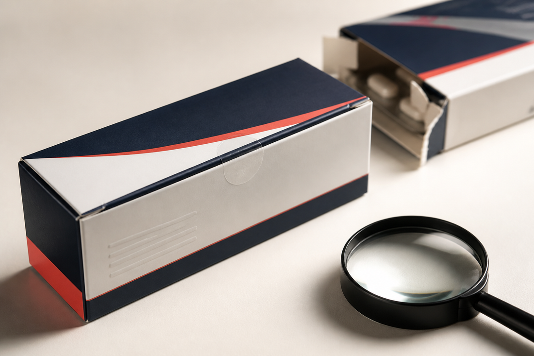 Unlabeled medicine carton and magnifying glass used for an online pharmacy safety check
