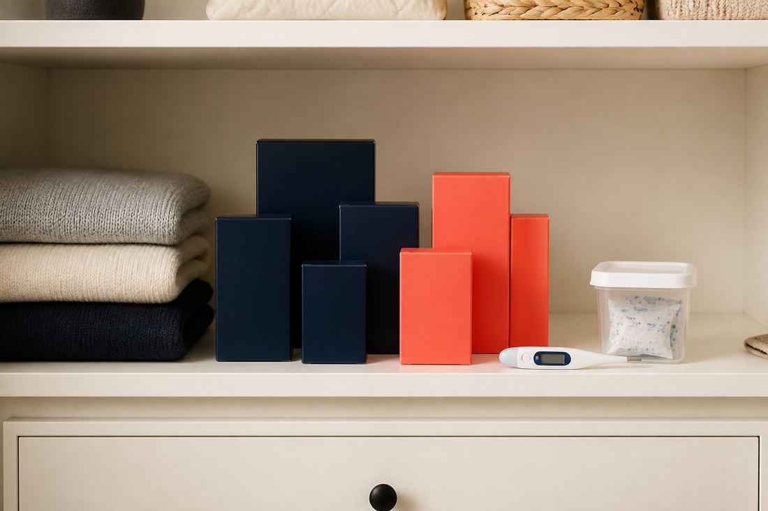 Unlabeled medicine cartons stored neatly on a cool dry closet shelf