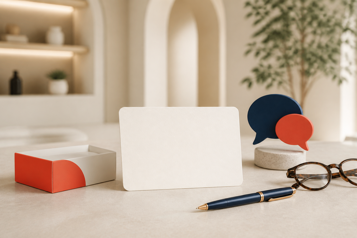 Blank consultation card, pen, glasses and speech bubbles on a clinic desk