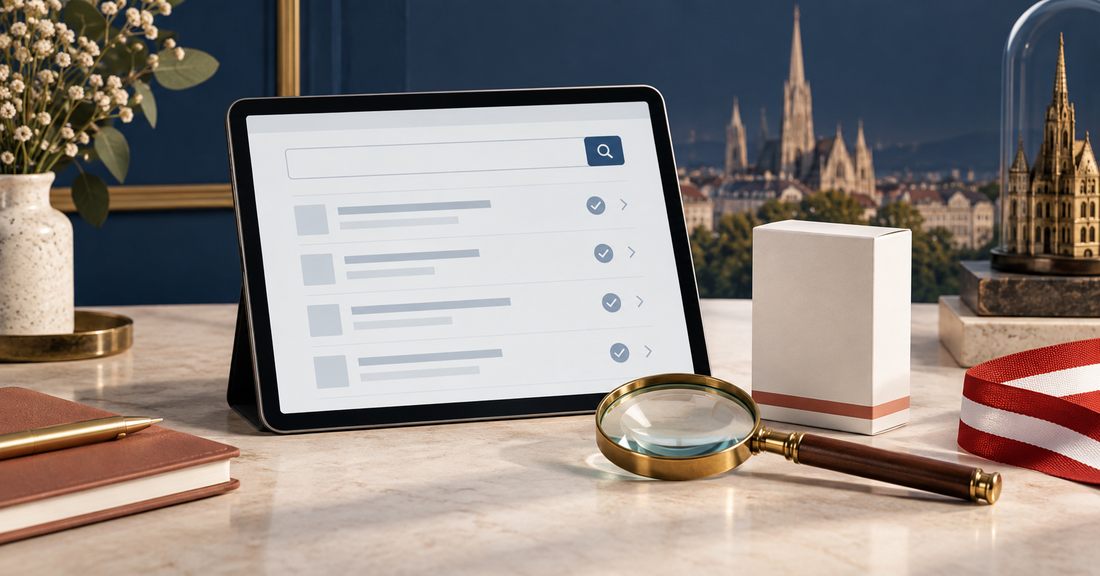 Medikamente Info Austria medicine database search with a magnifying glass