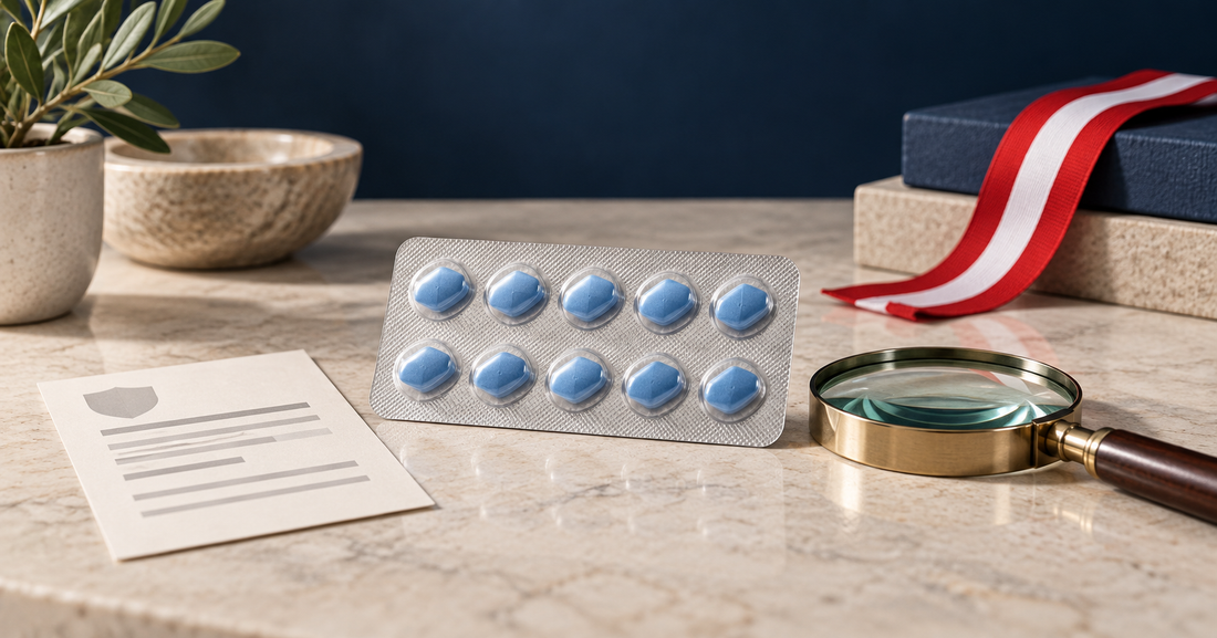 Sildenafil medicine packaging and magnifying glass for verification in Austria