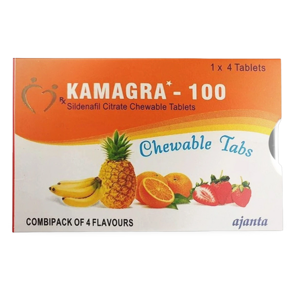 Kamagra 100 mg Sildenafil Citrate Chewable Tablets product packaging