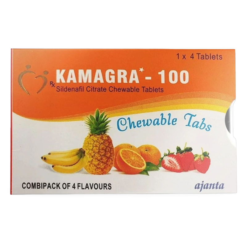 Kamagra 100 mg Sildenafil Citrate Chewable Tablets product packaging