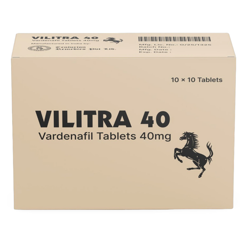 Vilitra 40 mg Vardenafil Tablets product packaging